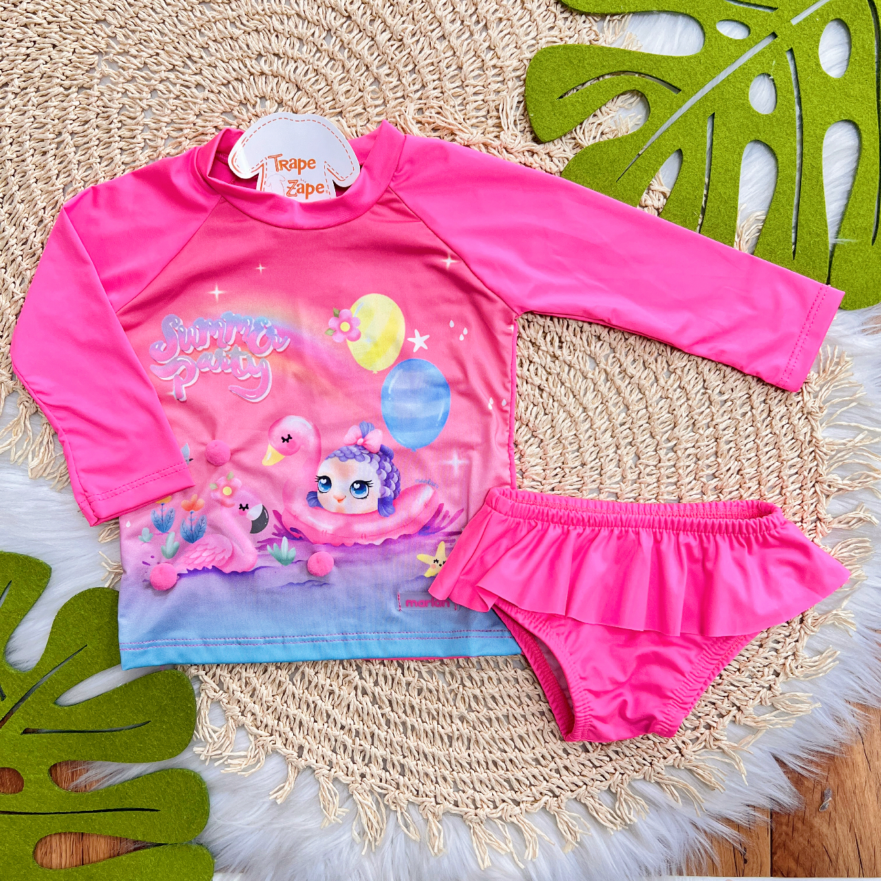 Linha Praia - Blusa Manga Longa com Proteção UV50+ e Calcinha - Peixinho com Pompons - Rosa